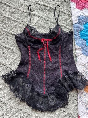 RARE Black Lace Chemise with Red Ribbon Detail